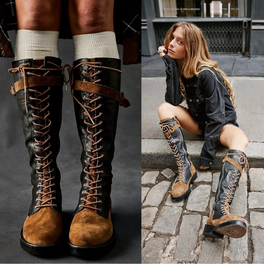 Free People Utilitarian Combat Bowden Lace Up Knee High Boots in Espresso 40 10 - Picture 3 of 16